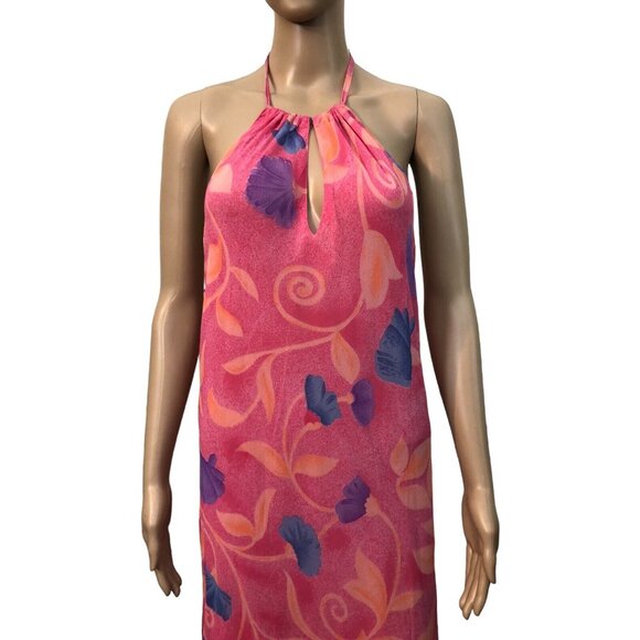 Y2K Georgette Crepe Pink Multicolor Floral Halter Maxi Dress - Picture 3 of 4
